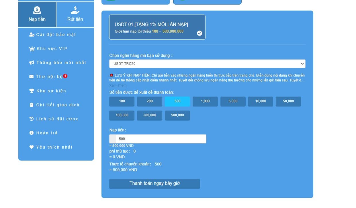 Nạp tiền Vin777 bằng USDT